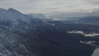 AK0001_0793 - 4K aerial stock footage Knik Glacier, snowy Chugach Mountains, Swan Lake, Gull Lake, Knik River Valley, Alaska