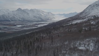 AK0001_0891 - 4K aerial stock footage flying down wooded hills toward the snowy Tazlina River Valley, Alaska