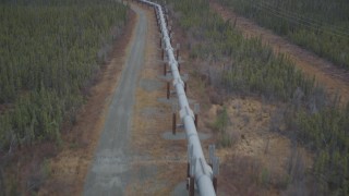 AK0001_0977 - 4K aerial stock footage following pipeline through forest during winter, Trans-Alaska Pipeline, Alaska