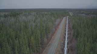 AK0001_0980 - 4K aerial stock footage following pipeline through forest, during winter, Trans-Alaska Pipeline, Alaska