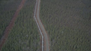 AK0001_0984 - 4K aerial stock footage following pipeline, revealing forest during winter, Trans-Alaska Pipeline, Alaska