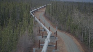 AK0001_0986 - 4K aerial stock footage flying over pipeline through forest, during winter, Trans-Alaska Pipeline, Alaska