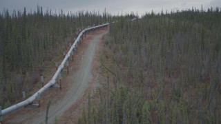 AK0001_0993 - 4K aerial stock footage approach, follow pipeline through forest, winter, Trans-Alaska Pipeline, Alaska