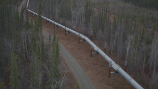 AK0001_0996 - 4K aerial stock footage a reverse view of the pipeline through forest in winter, Trans-Alaska Pipeline, Alaska