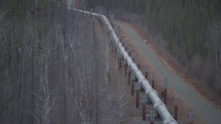 AK0001_1005 - 4K aerial stock footage following pipeline through forest during winter, Trans-Alaska Pipeline, Alaska