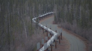 AK0001_1006 - 4K aerial stock footage fly over pipeline and forest, winter, Trans-Alaska Pipeline, Alaska