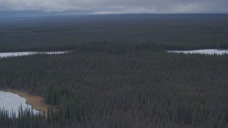 AK0001_1014 - 4K aerial stock footage flying past snow covered lakes in the forest in the Alaskan Wilderness