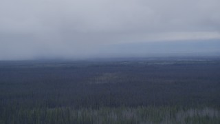 AK0001_1022 - 4K aerial stock footage flying away from rain clouds over forest, Alaskan Wilderness