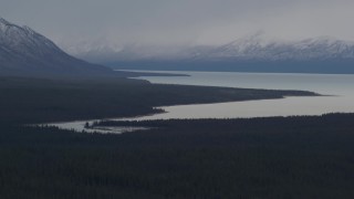 AK0001_1029 - 4K stock footage aerial video Tazlina Lake bordered by forest and snow capped Chugach Mountains, Alaska