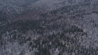 AK0001_1334 - 4K aerial stock footage flying over snow covered, wooded hills, Chugach Mountains, Alaska