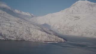 AK0001_1787 - 4K aerial stock footage Surprise Inlet, snowy glacier, Chugach Mountains, Harriman Fjord, Alaska