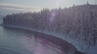 AK0001_1842 - 4K aerial stock footage flying over snowy, wooded shore, reveal Chugach Mountains, Port Wells, Alaska