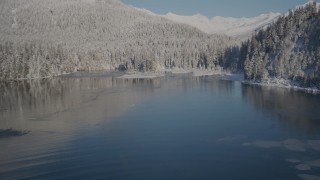 AK0001_1846 - 4K aerial stock footage flying low over water toward snow covered, wooded shore, Port Wells, Alaska