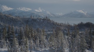 AK0001_1848 - 4K aerial stock footage flying over snowy, wooded hills along shore of Port Wells, Alaska