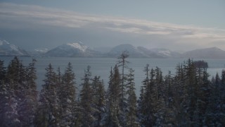 AK0001_1850 - 4K aerial stock footage fly over snowy, wooded shore revealing Chugach Mountains, Port Wells, Alaska