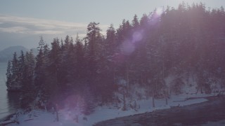 AK0001_1852 - 4K aerial stock footage a snow covered, wooded shore at the mouth of a bay, Port Wells, Alaska