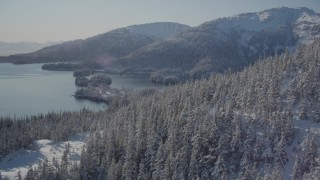 AK0001_1872 - 4K aerial stock footage flying over snowy, wooded slopes, revealing Hummer Bay, Port Wells, Alaska