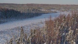 AK0001_2042 - 4K aerial stock footage flying over snowy forest and clearings in Point MacKenzie, Alaska