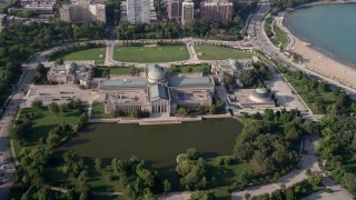 AX0001_009 - 4.8K aerial stock footage Orbiting the Museum of Science and Industry, Hyde Park, Chicago, Illinois
