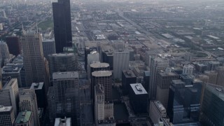 AX0001_034 - 4.8K aerial stock footage tilt from bird's eye of Chicago River, reveal Willis Tower, Downtown Chicago, Illinois