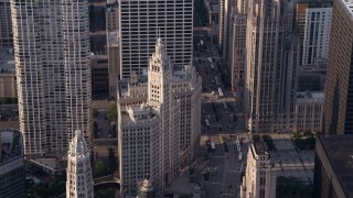 AX0001_117 - 4.8K aerial stock footage approaching the Wrigley Building in Downtown Chicago, Illinois
