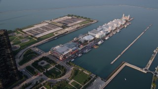 AX0001_121 - 4.8K aerial stock footage of The Navy Pier in Lake Michigan, Chicago, Illinois