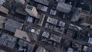 AX0001_136 - 4.8K aerial stock footage of a bird's eye view of buildings in downtown, following N State Street, Downtown Chicago, Illinois