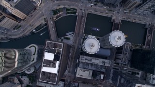AX0001_137 - 4.8K aerial stock footage of bird's eye view of N State Street in Downtown Chicago, and the Chicago River, Illinois