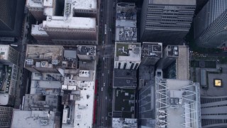 AX0001_139 - 4.8K aerial stock footage of Bird's eye view of following N State Street through downtown past skyscrapers, Downtown Chicago, Illinois