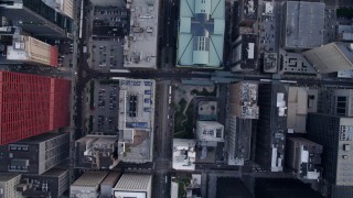 AX0001_141 - 4.8K aerial stock footage video of bird's eye view of S State Street, revealing the Harold Washington Library Center, Downtown Chicago, Illinois