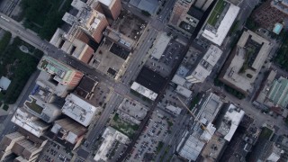 AX0001_143 - 4.8K aerial stock footage of a bird's eye view of downtown buildings along S Wabash Avenue, on a cloudy day, Chicago, Illinois