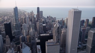 AX0001_149 - 4.8K aerial stock footage panning across Downtown Chicago revealing part of Grant Park and boats in the harbor, Illinois