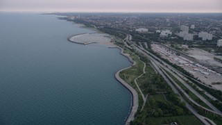 AX0001_154 - 4.8K aerial stock footage video bird's eye of Burnham Harbor and McCormick Place, tilt to reveal 31st Street Harbor; Near South Side Chicago, Illinois
