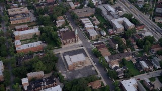 AX0001_159 - 4.8K aerial stock footage of bird's eye view of residential neighborhood and church, South Side Chicago, Illinois