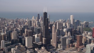 AX0002_064 - 4.8K aerial stock footage of Downtown Chicago cityscape and Willis Tower, Illinois