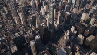AX0002_069 - 4.8K aerial stock footage of a bird's eye view of skyscrapers, reveal Chicago River and Trump Tower in Downtown Chicago, Illinois
