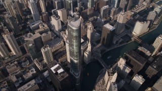 AX0002_070 - 4.8K aerial stock footage bird's eye approach to Trump International Hotel and Tower and Chicago River, Downtown Chicago, Illinois