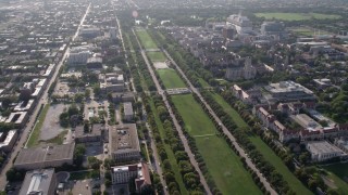 AX0002_097 - 4.8K aerial stock footage of flying by the University of Chicago and Midway Plaisance Park, on a hazy day, Illinois