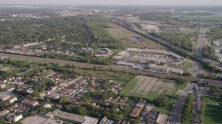 AX0002_102 - 4.8K aerial stock footage of flying over residential neighborhoods by S Stony Island Avenue, Calumet Heights, Chicago, Illinois