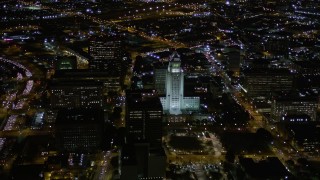 AX0004_050 - 5K aerial stock footage orbit Los Angeles City Hall at night, California