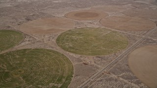 AX0006_107 - 5K aerial stock footage orbit circular crop fields in the Mojave Desert, California