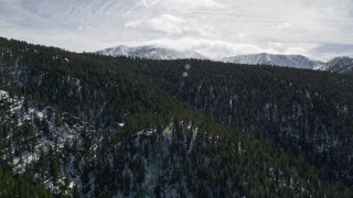 AX0010_062 - 5K aerial stock footage of forest and mountains with winter snow in the San Bernardino Mountains, California