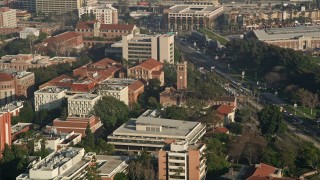 AX0017_046 - 5K aerial stock footage of orbiting Mudd Hall and Hoose Library, University of Southern California 