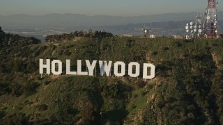 AX0017_091 - 5K aerial stock footage of orbiting the Hollywood Sign, Hollywood, California