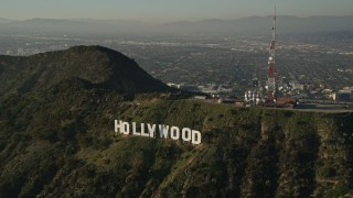 AX0017_096 - 5K aerial stock footage of orbiting Hollywood Sign, Hollywood, California
