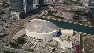 AX0020_029 - 5K aerial stock footage approach American Airlines Arena in Downtown Miami, Florida