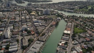 AX0021_019E - 5K aerial stock footage fly over apartment buildings lining canal between Biscayne Point and Miami Beach, Florida
