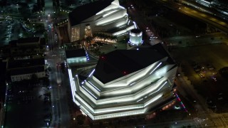 AX0023_142E - 5K aerial stock footage bird's eye view of the Adrienne Arsht Center for the Performing Arts in Downtown Miami at night, Florida