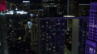 AX0023_147E - 5K aerial stock footage flyby Brickell on the River and 500 Brickell at night in Downtown Miami, Florida
