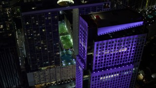 AX0023_167 - 5K aerial stock footage of 500 Brickell and Brickell World Plaza high-rises at night in Downtown Miami, Florida